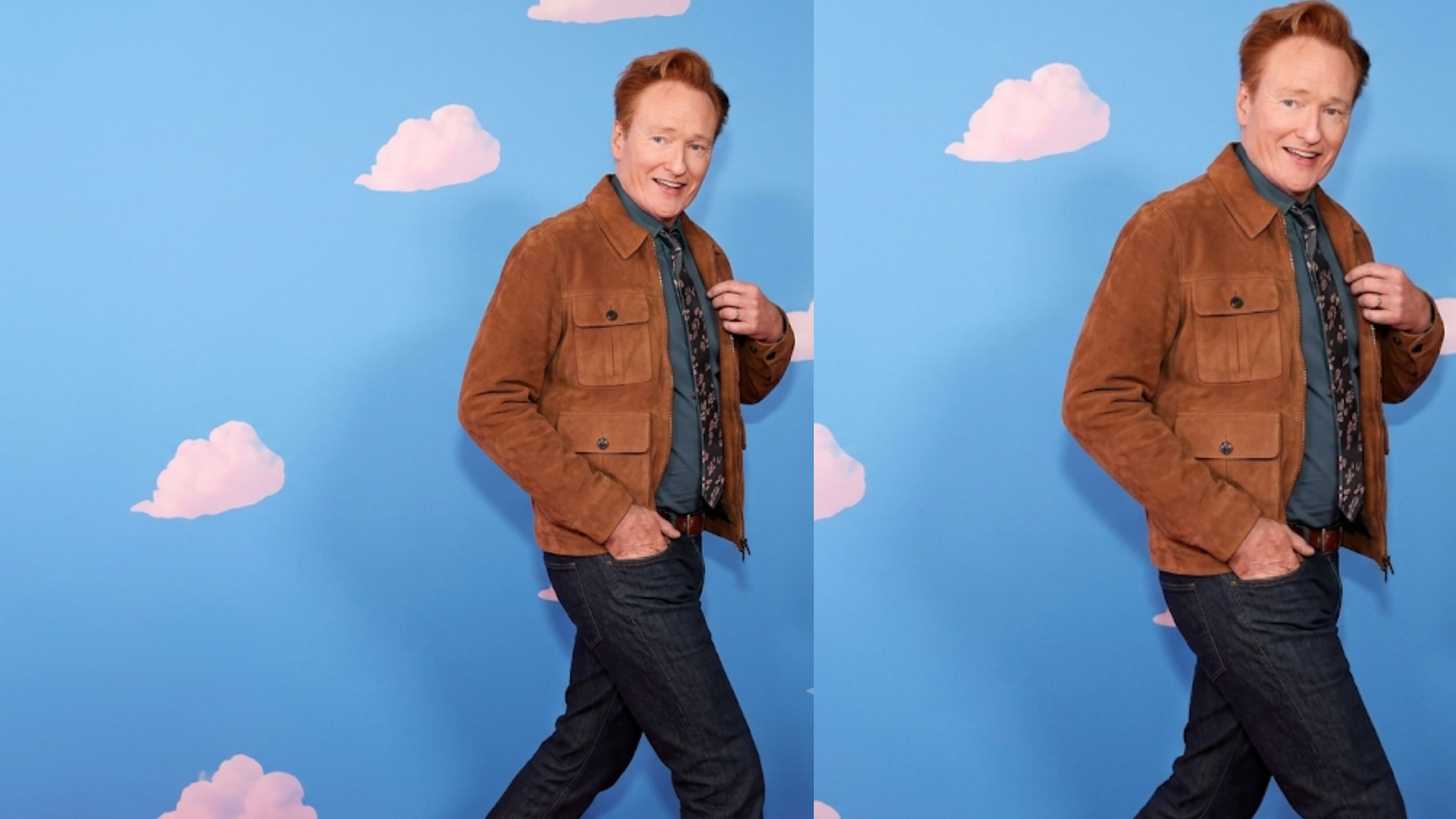 Conan O’Brien Toy Story 5 Dolby Theatre 2026 brown suede military field jacket with four pockets brass zipper and tailored smart casual celebrity look