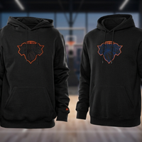 New York Knicks Black Pullover Hoodie with tonal logo, orange NEW YORK embroidery, and kangaroo pocket
