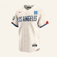 Los Angeles Dodgers Cream City Connect Jersey featuring cream base with confetti-style splatter design and bold navy typography