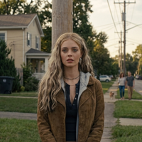 Eenie Meanie Samara Weaving long brown suede coat with lapel collar cinematic street style luxury fashion outfit