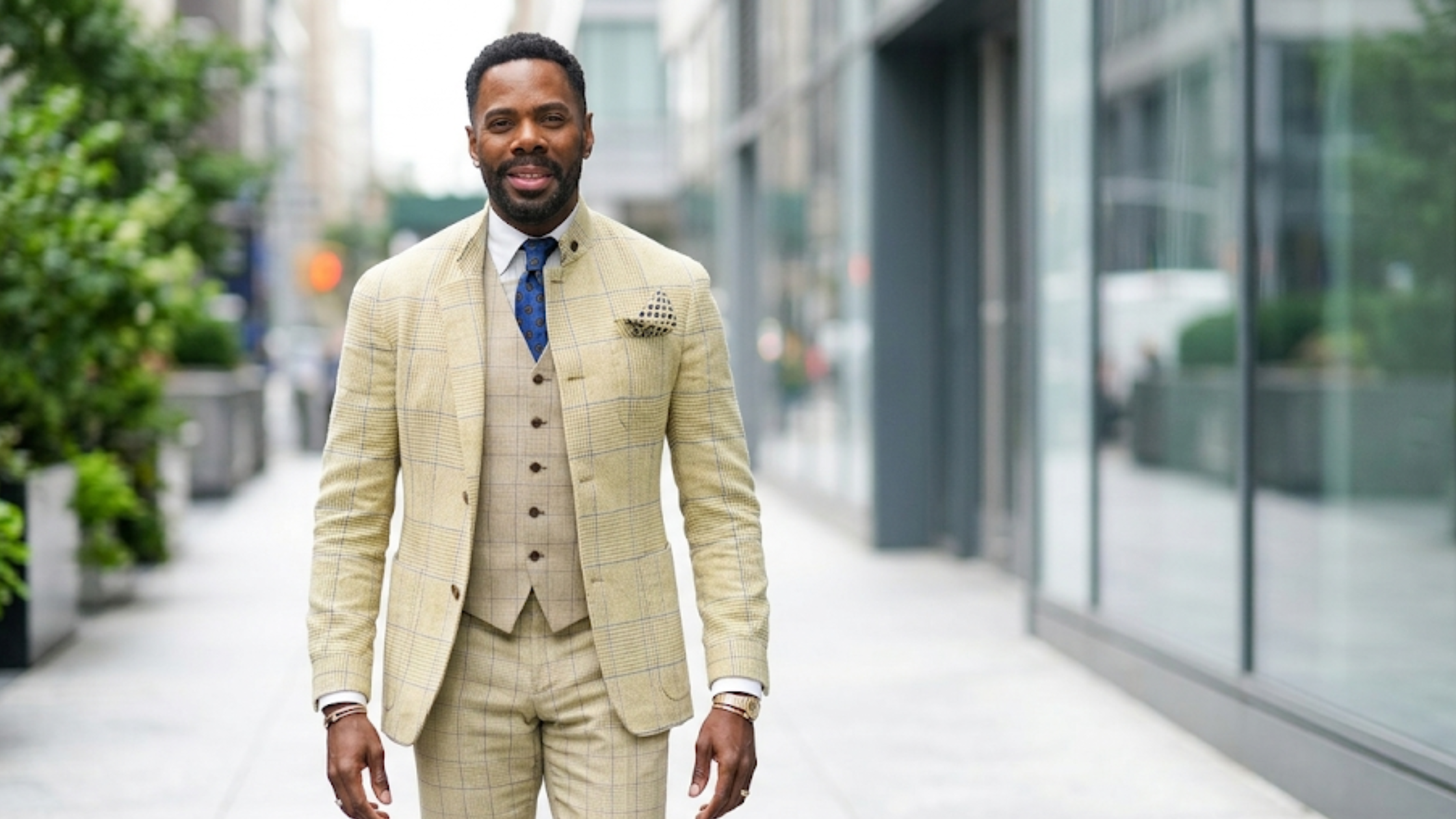 Colman Domingo Disclosure Day UK Premiere 2026 cream Prince of Wales check asymmetrical tailored blazer red carpet fashion
