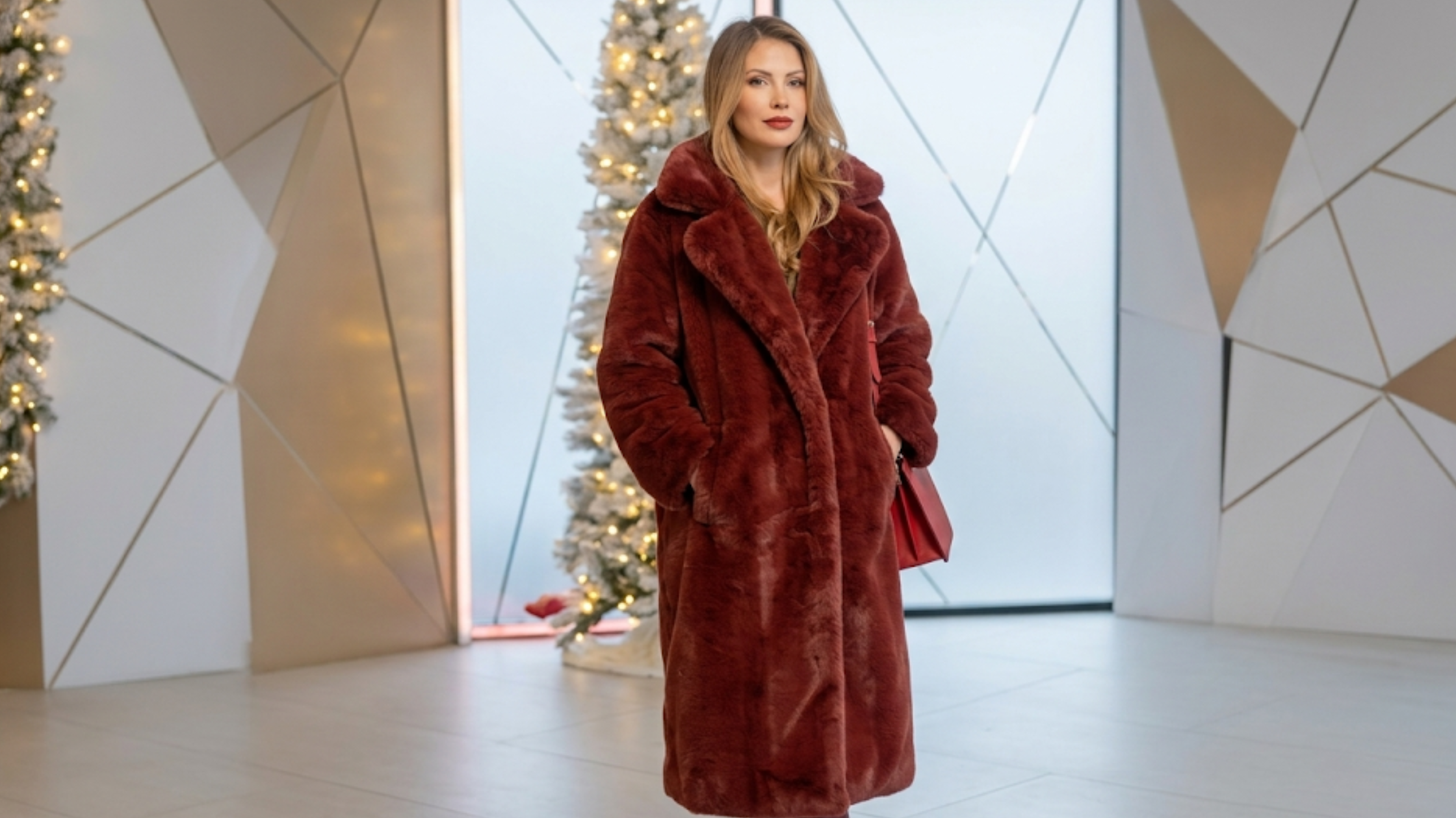 Demi Engemann Secret Lives of Mormon Wives Season 2 burgundy faux fur coat reality chic luxury oversized winter fashion