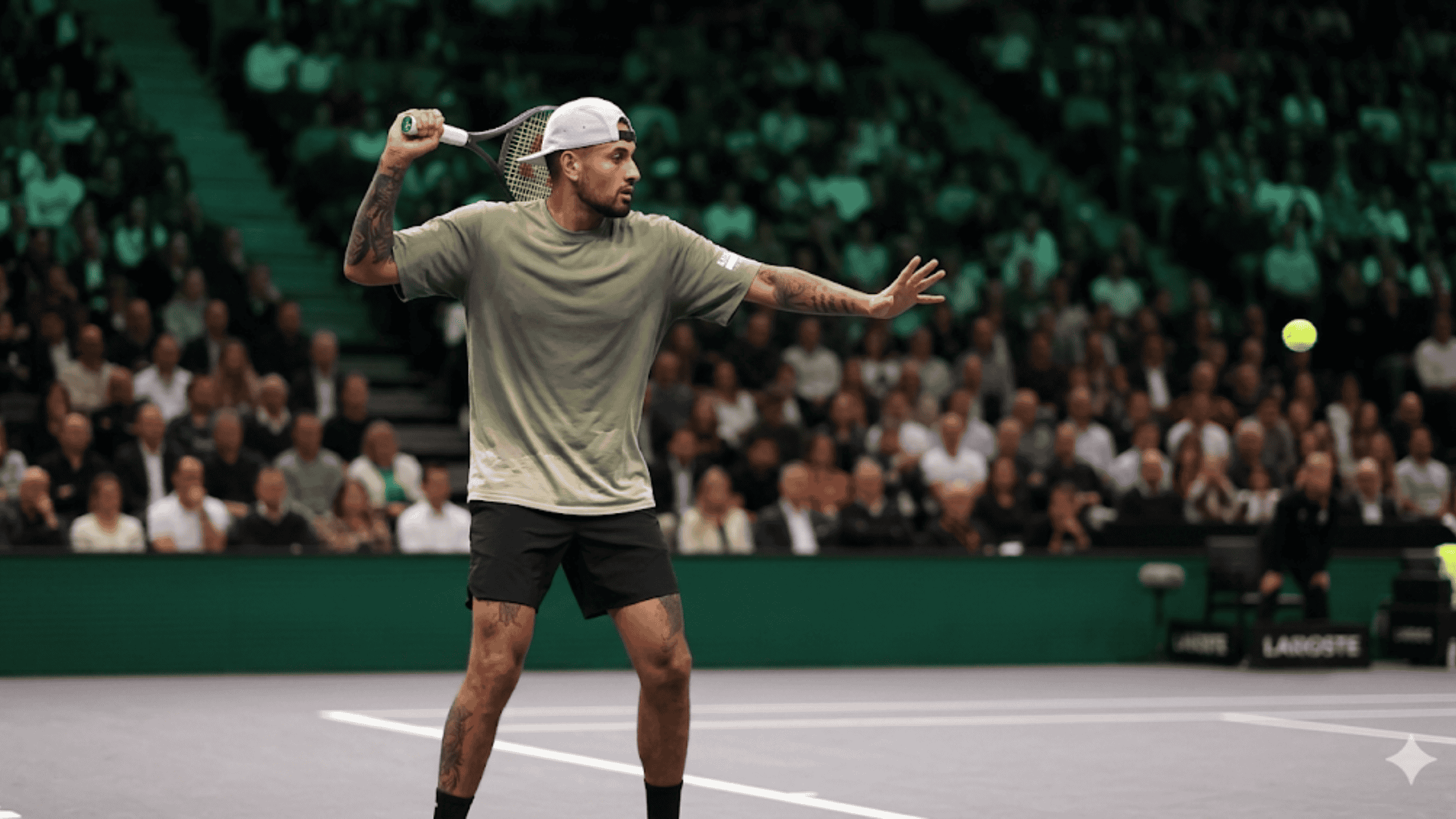 Nick Kyrgios in the sage green Lucky Energy oversized t-shirt at the Dubai Showdown blog banner image.