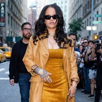 Rihanna New York City 2026 camel leather trench coat with notched lapels and luxury street-style outfit