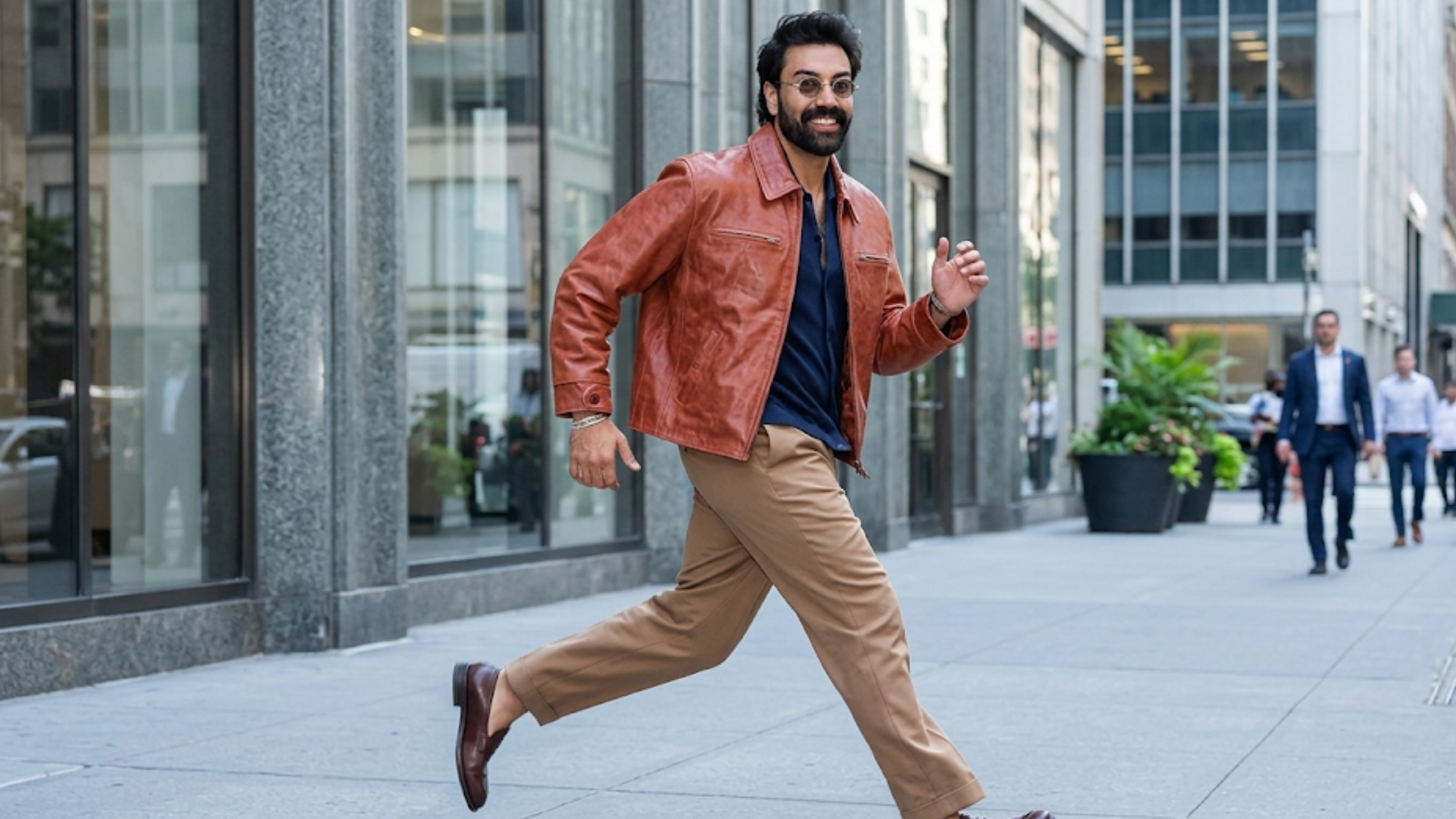 Saagar Shaikh Hudson Square NYC 2026 brown cognac leather trucker jacket zip chest pockets street style urban fashion