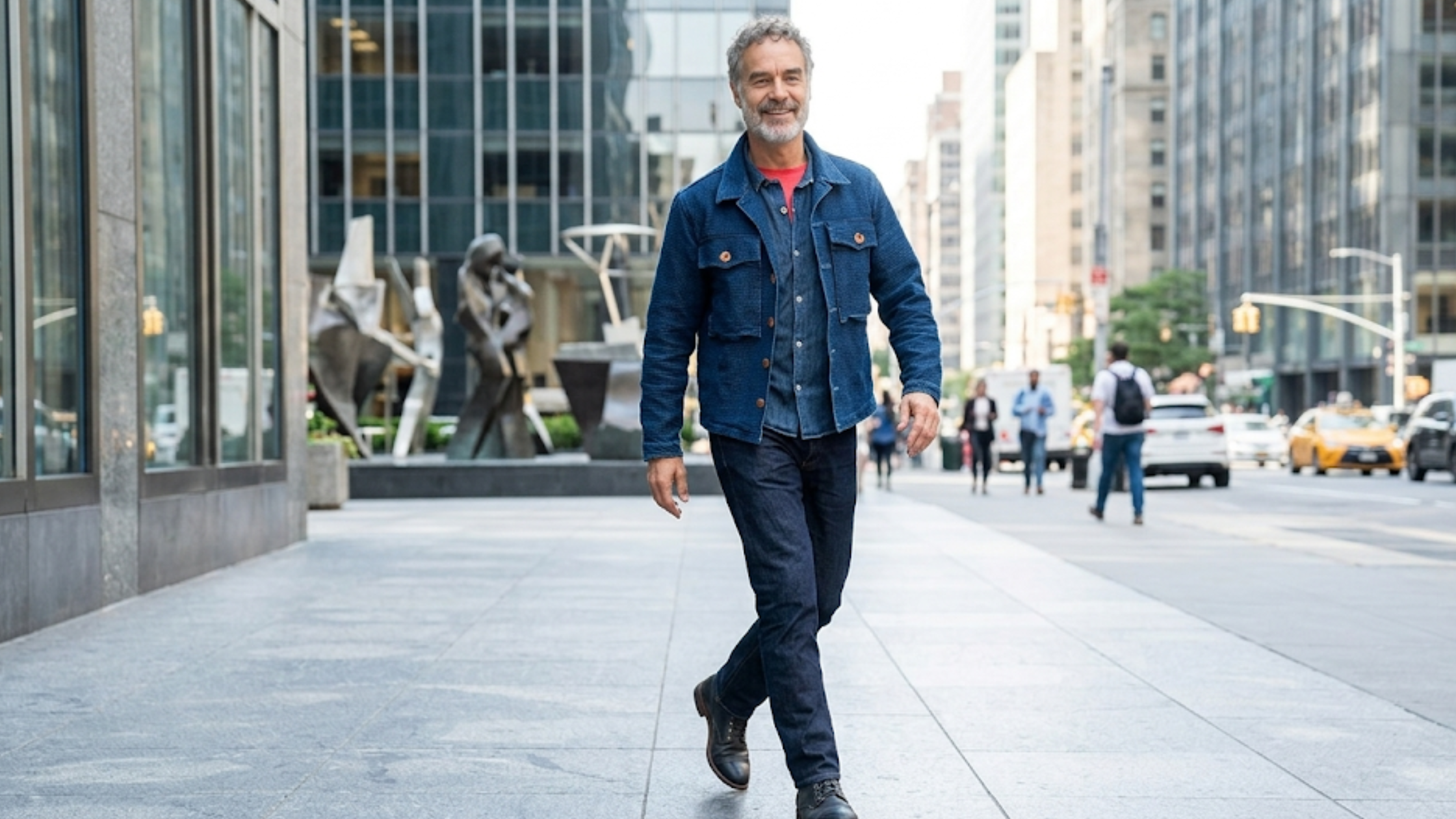 Murray Bartlett Live with Kelly and Mark NYC 2026 indigo textured trucker jacket wooden buttons flap pockets Hudson Square street style
