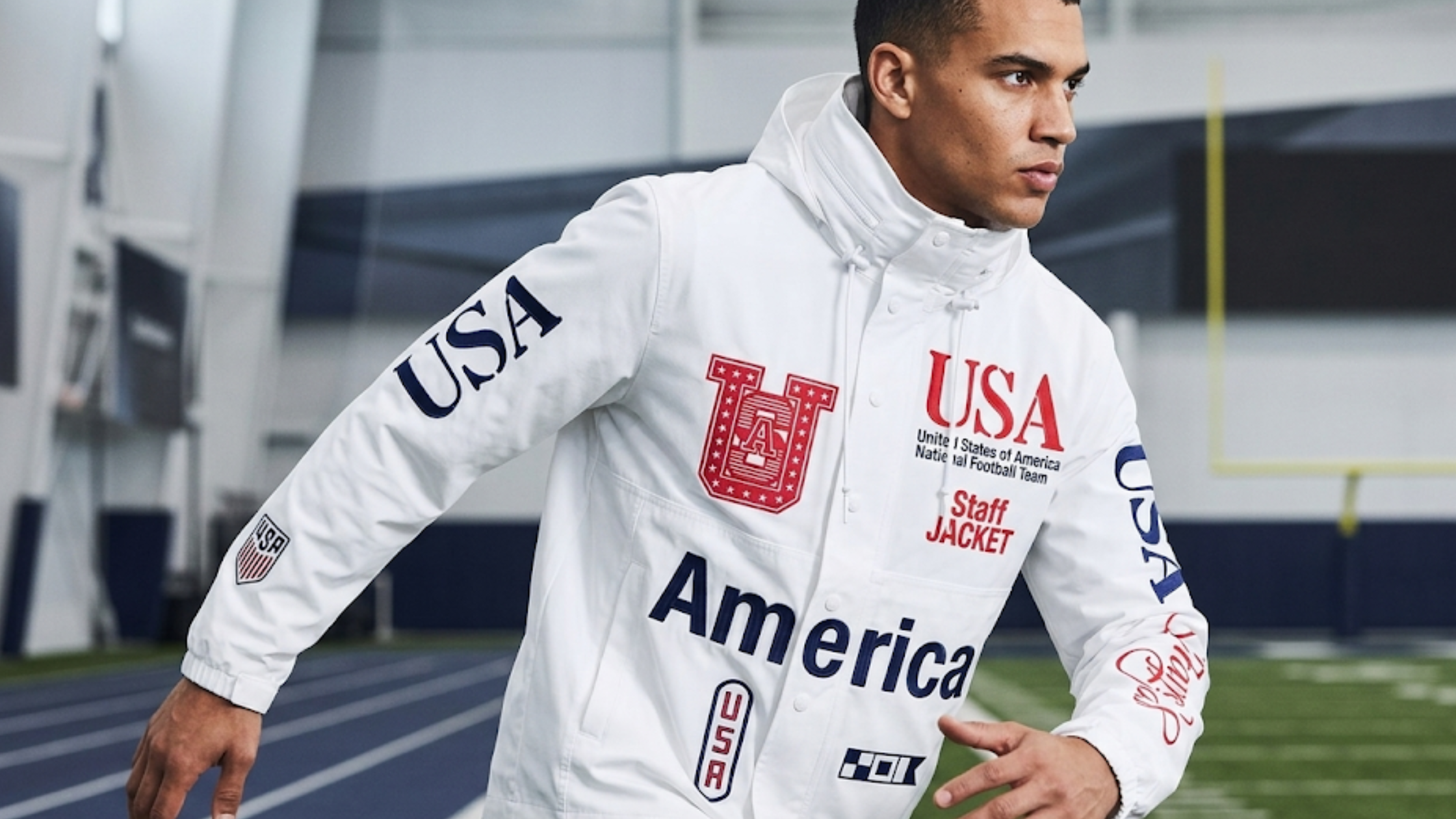 USA x VAA 2026 white staff woven jacket high stand collar button closure national football team sideline sportswear minimal luxury