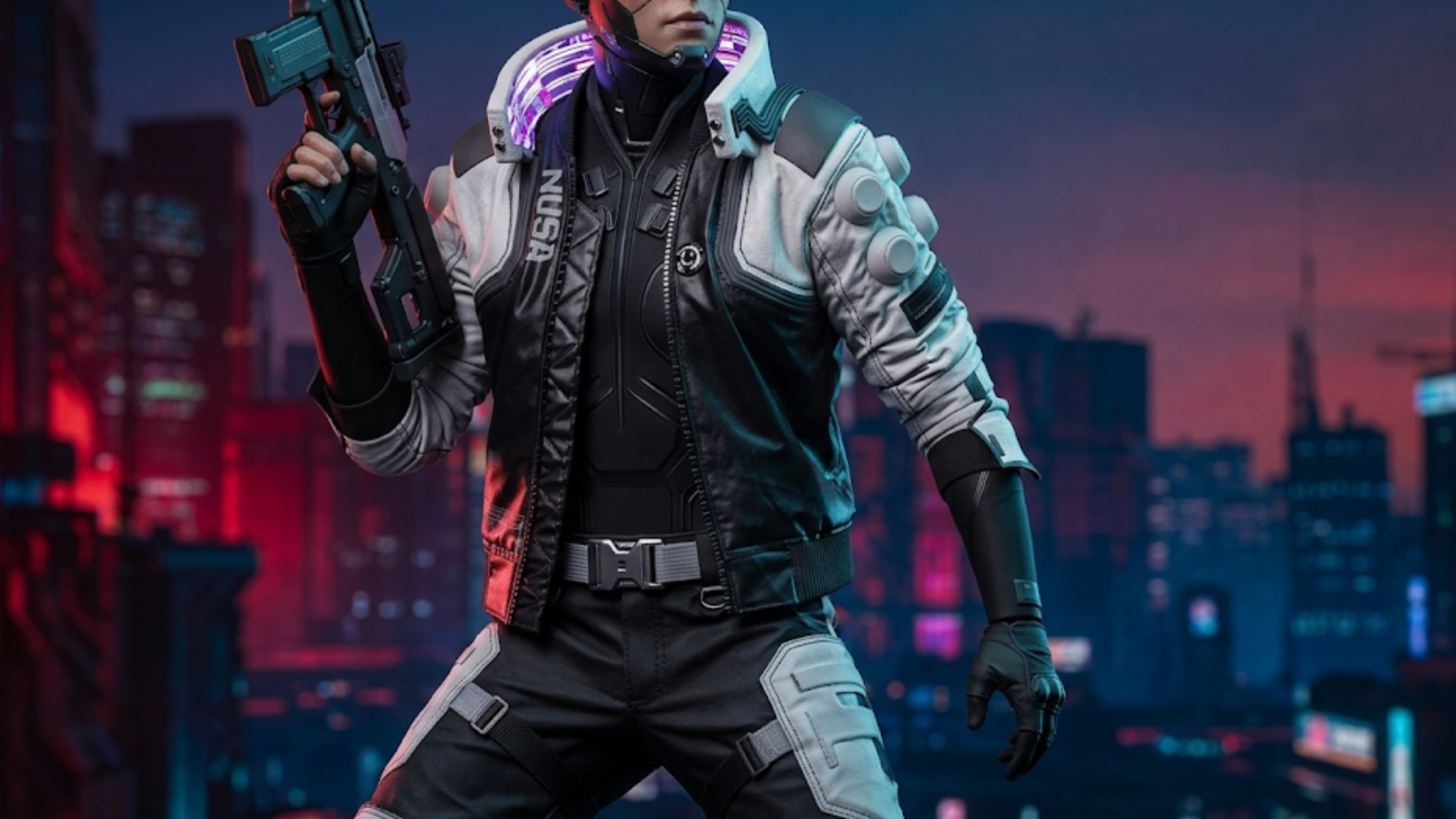 Cyberpunk 2077 NUSA Infiltrator jacket black leather torso white armored sleeves LED collar neon violet accents tactical bomber