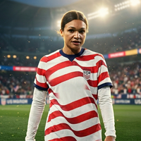 Sophia Wilson wearing 2026 USWNT International Friendly jersey with bold red wavy stripes, navy collar, and modern athletic design details