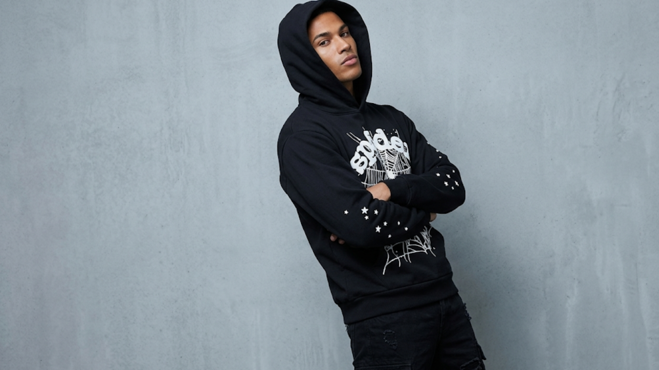 Black and White Sp5der hoodie oversized spiderweb graphic puff print logo star sleeve motifs streetwear pullover hoodie