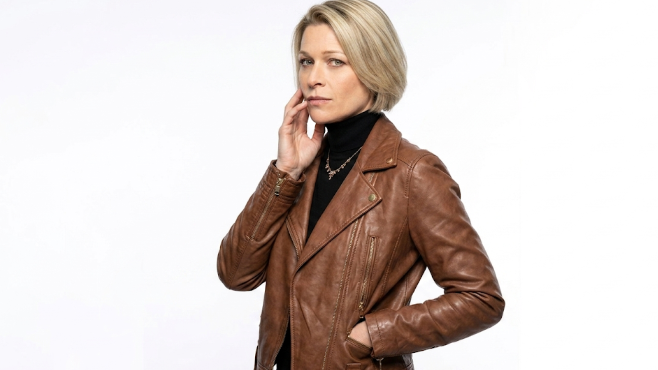 Sian Brooke Trying S03 cognac brown biker leather jacket asymmetrical zipper wide lapel café racer style celebrity outfit