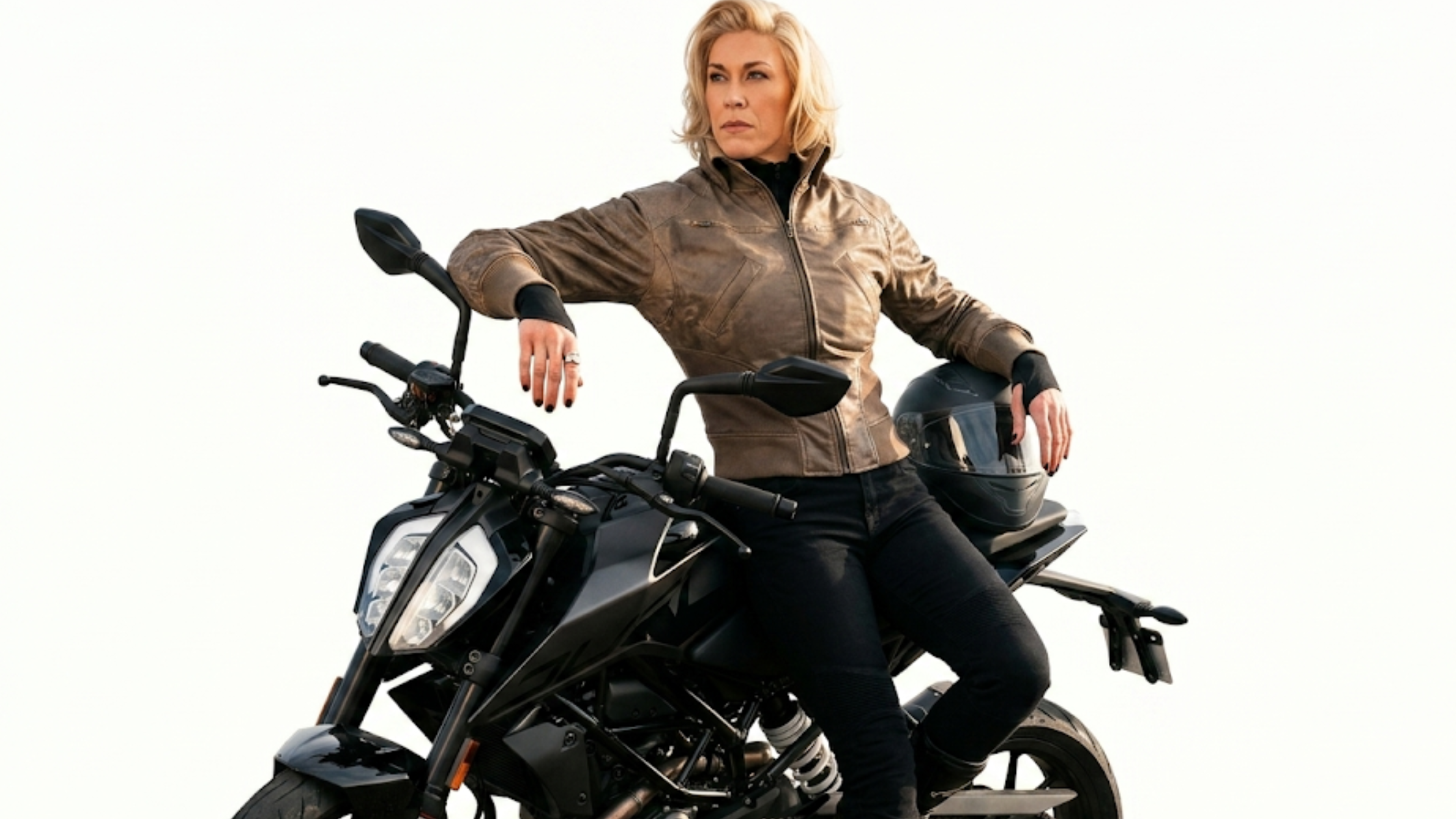 Hannah Waddingham Ride or Die distressed brown café racer leather jacket antique silver zipper slim fit moto style outfit