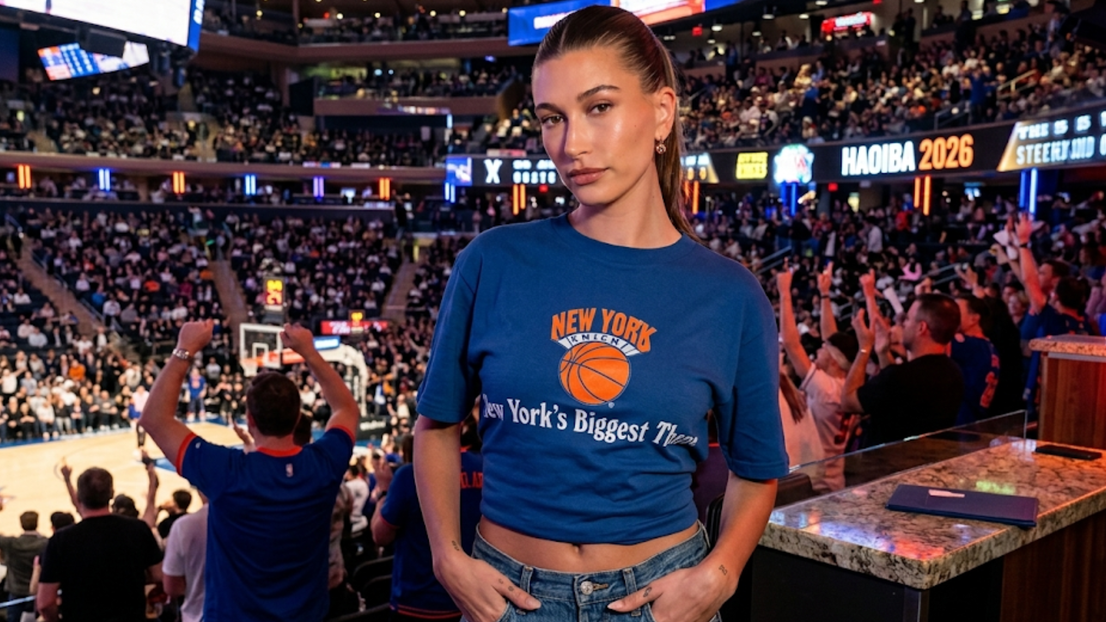 Hailey Bieber 2026 NBA Finals New York Knicks blue cropped graphic T-shirt with orange basketball print and vintage Knicks logo
