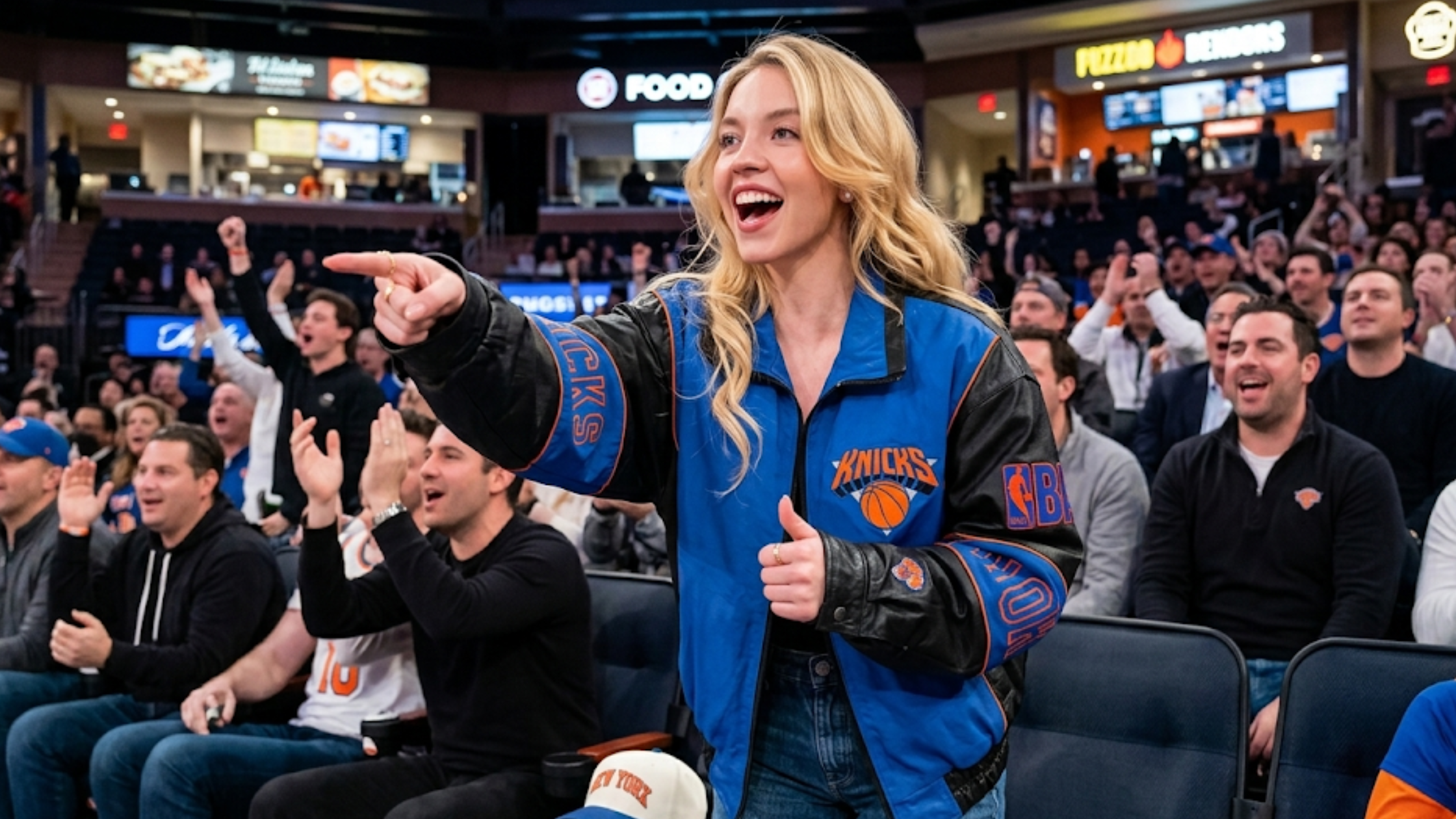 Sydney Sweeney 2026 NBA Finals New York Knicks varsity jacket blue black leather sleeves embroidered basketball logo courtside fashion look
