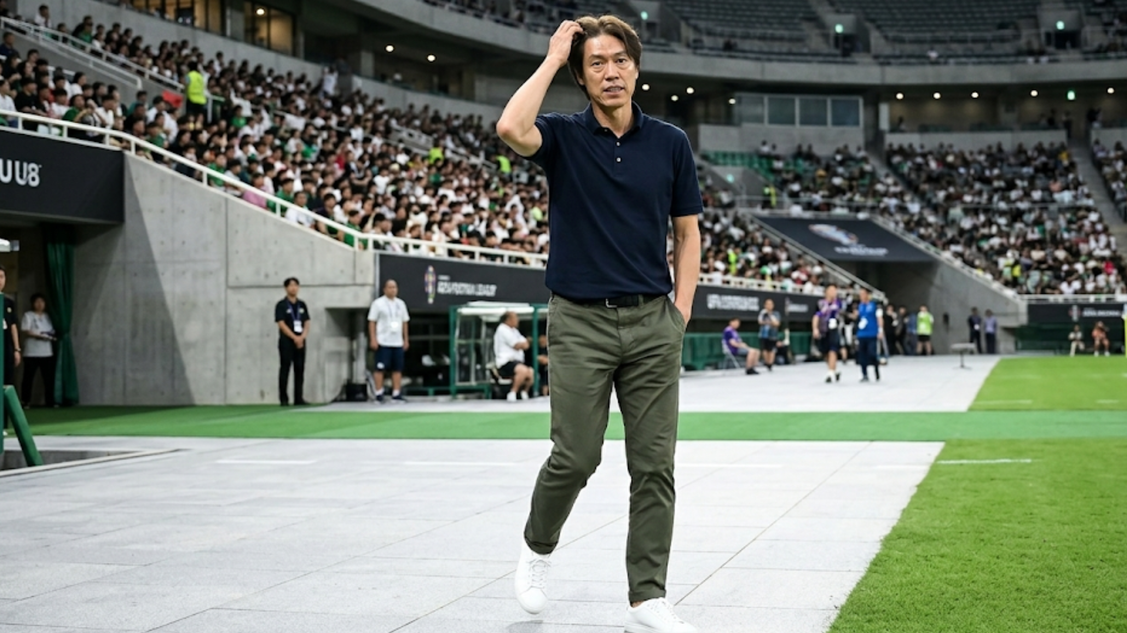 Myung-Bo Hong FIFA World Cup 2026 navy blue polo shirt three button rib knit collar sideline coaching style South Korea football coach outfit