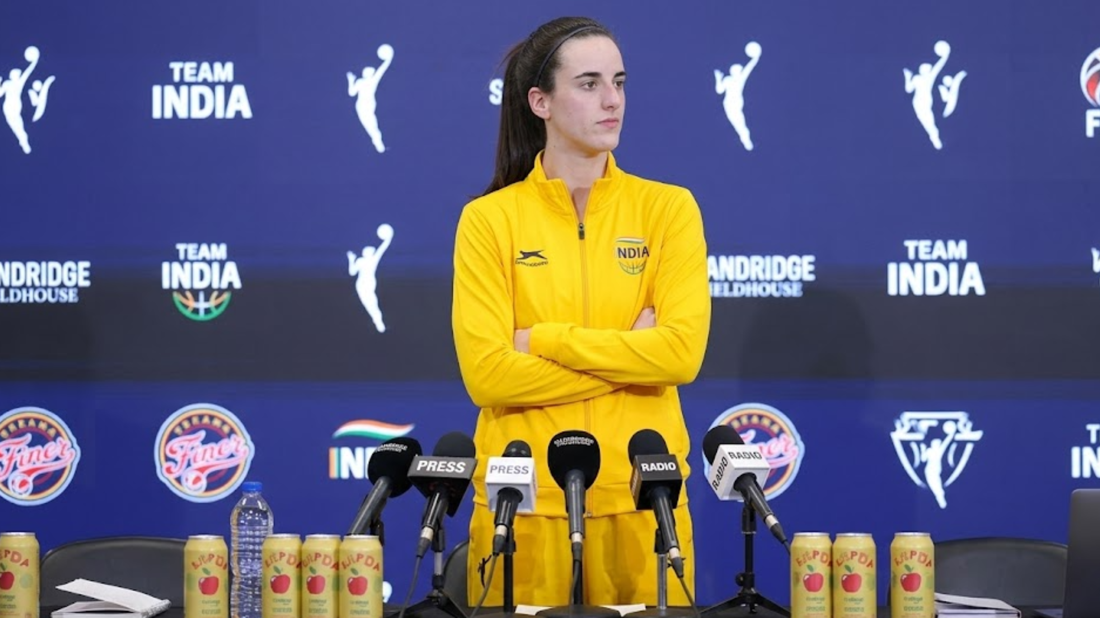 Caitlin Clark Indiana Fever 2026 yellow navy graphic crewneck sweatshirt Indiana basketball performance athletic warmup top sporty streetwear outfit