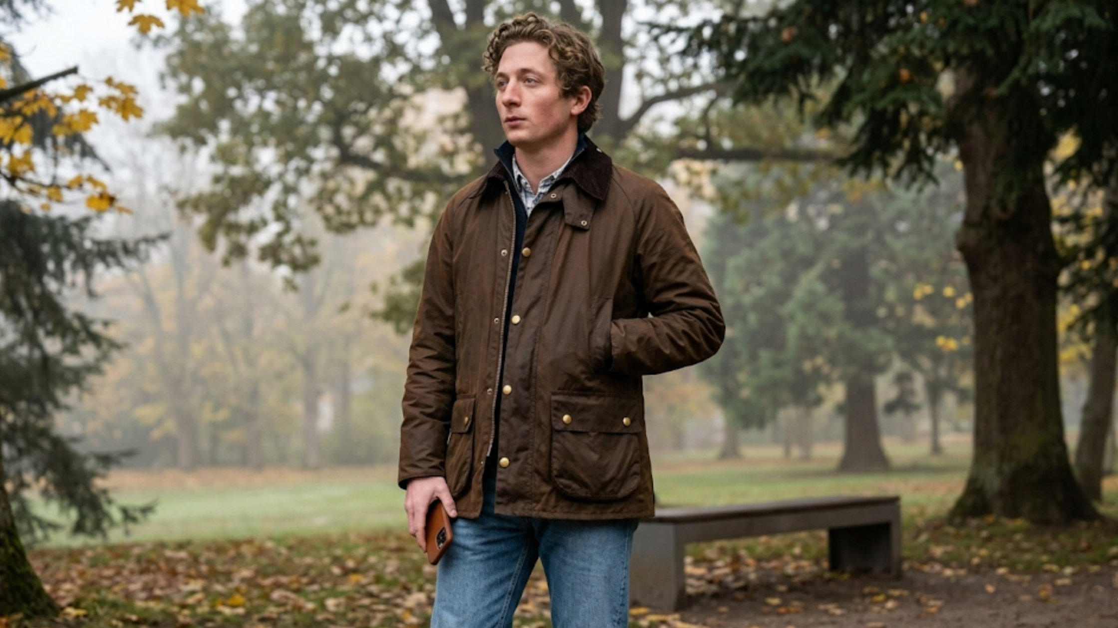 The Social Reckoning Jeremy Allen White brown cotton canvas field jacket with corduroy collar, utility pockets, and vintage rugged menswear design