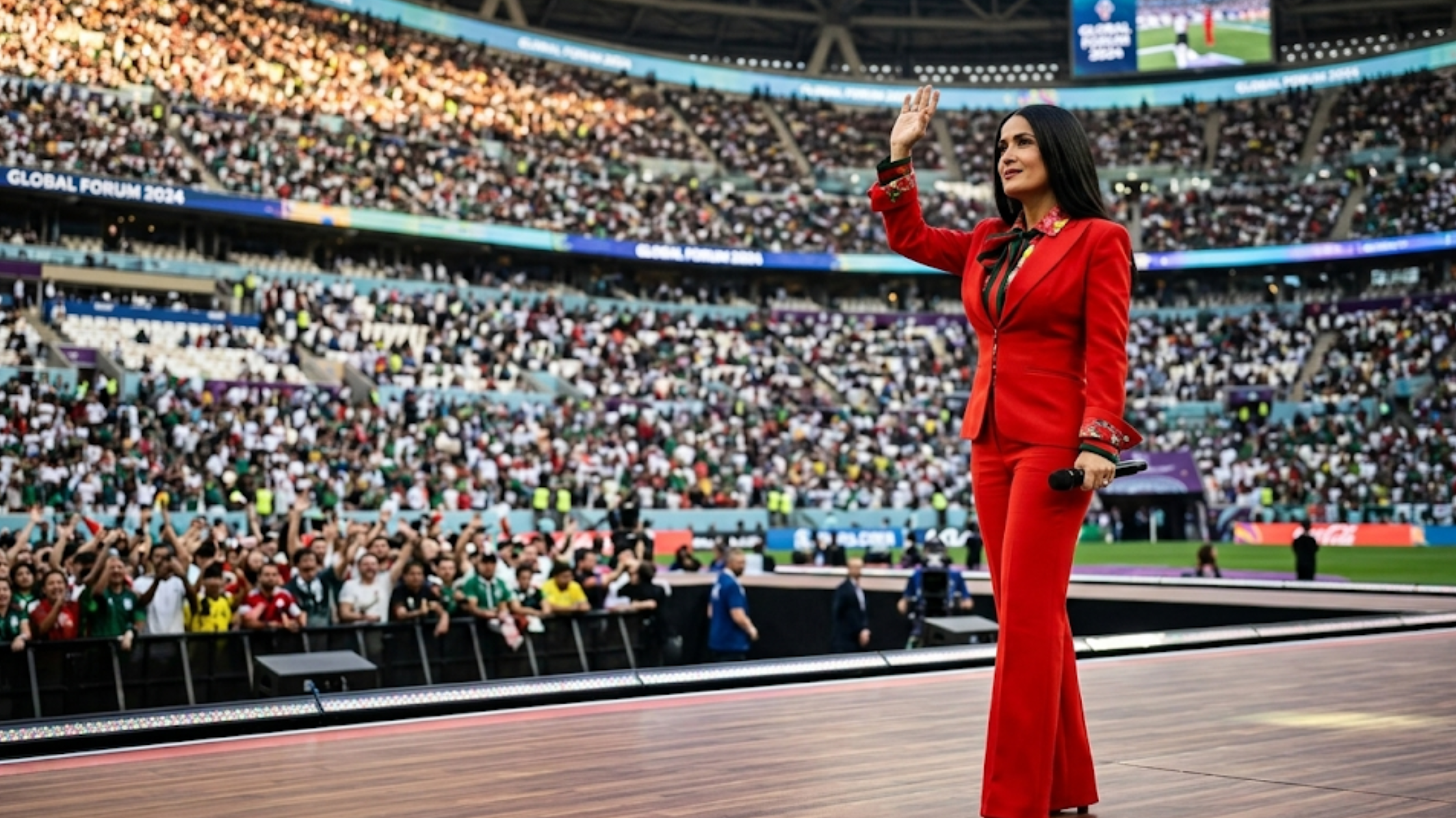 FIFA World Cup 2026 Salma Hayek red tailored blazer with notch lapels, split cuffs, floral lining, and structured slim-fit silhouette