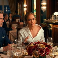 Office Romance 2026 Jennifer Lopez White Shirt with wide draped collar and relaxed fit button-down design