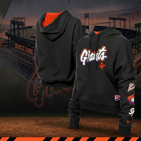 San Francisco Giants City Connect Black Pullover Hoodie with Giants script logo, SF emblem, orange hood lining, and relaxed streetwear fit