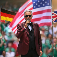 Andrea Bocelli FIFA World Cup 2026 opening ceremony burgundy jacquard tuxedo blazer with black satin trim and peak lapels