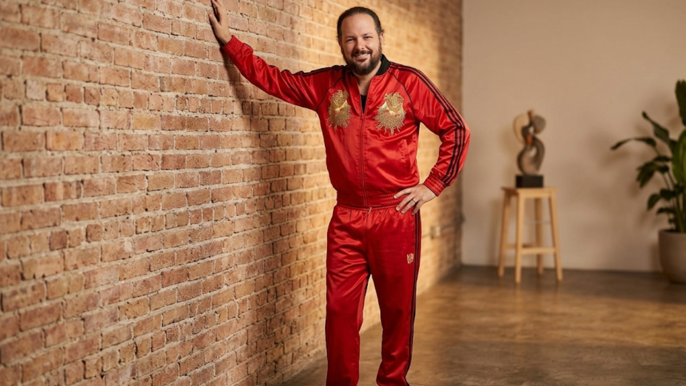 Jonathan Davis Korn red satin tracksuit with gold embroidery, black racing stripes, full-zip jacket and matching pants retro luxury streetwear style
