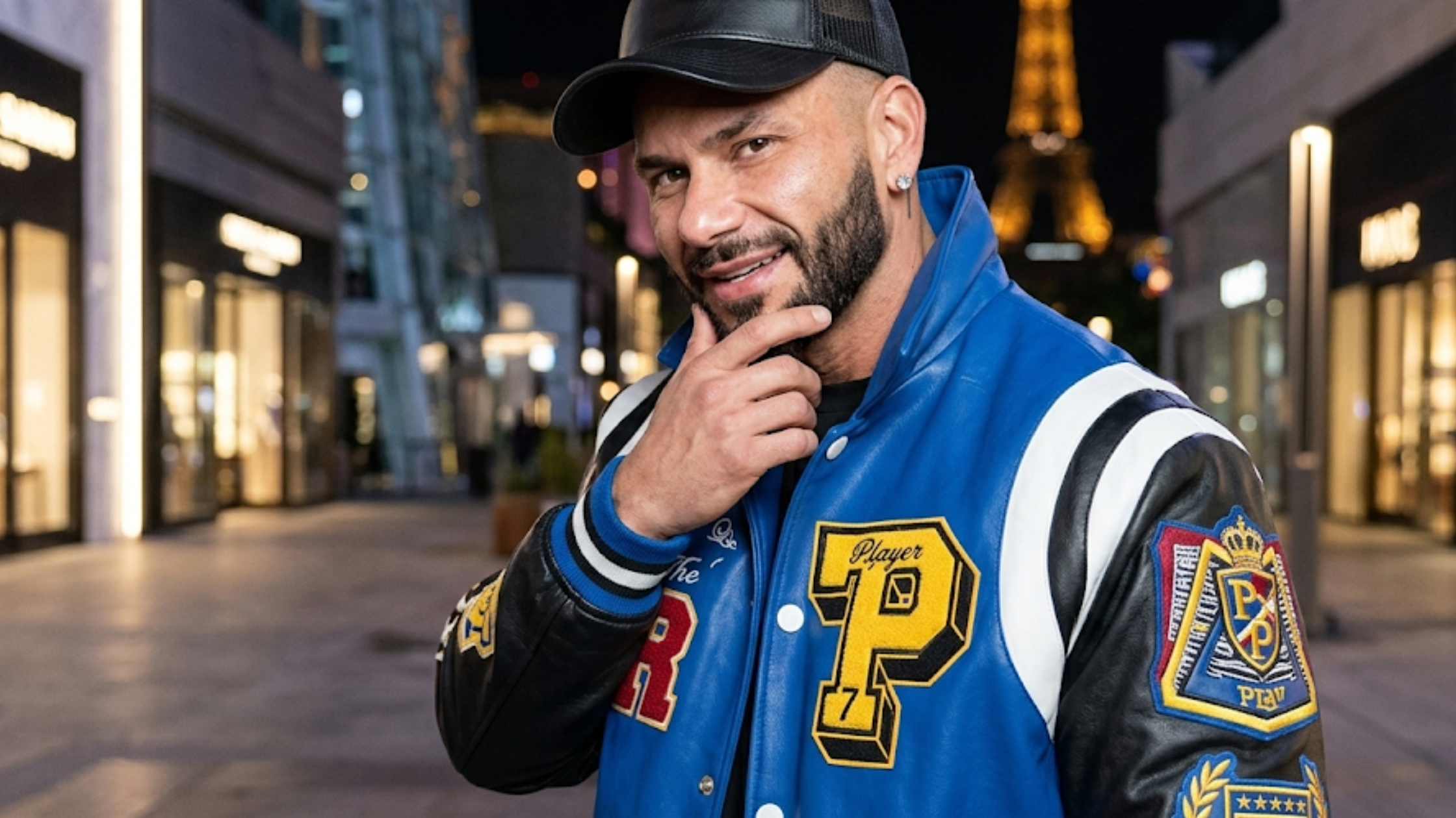 Jersey Shore Family Vacation S09 Pauly D blue leather varsity jacket featuring True Religion patch graphics, racing stripes, snap-button closure, and royal blue color-block design.