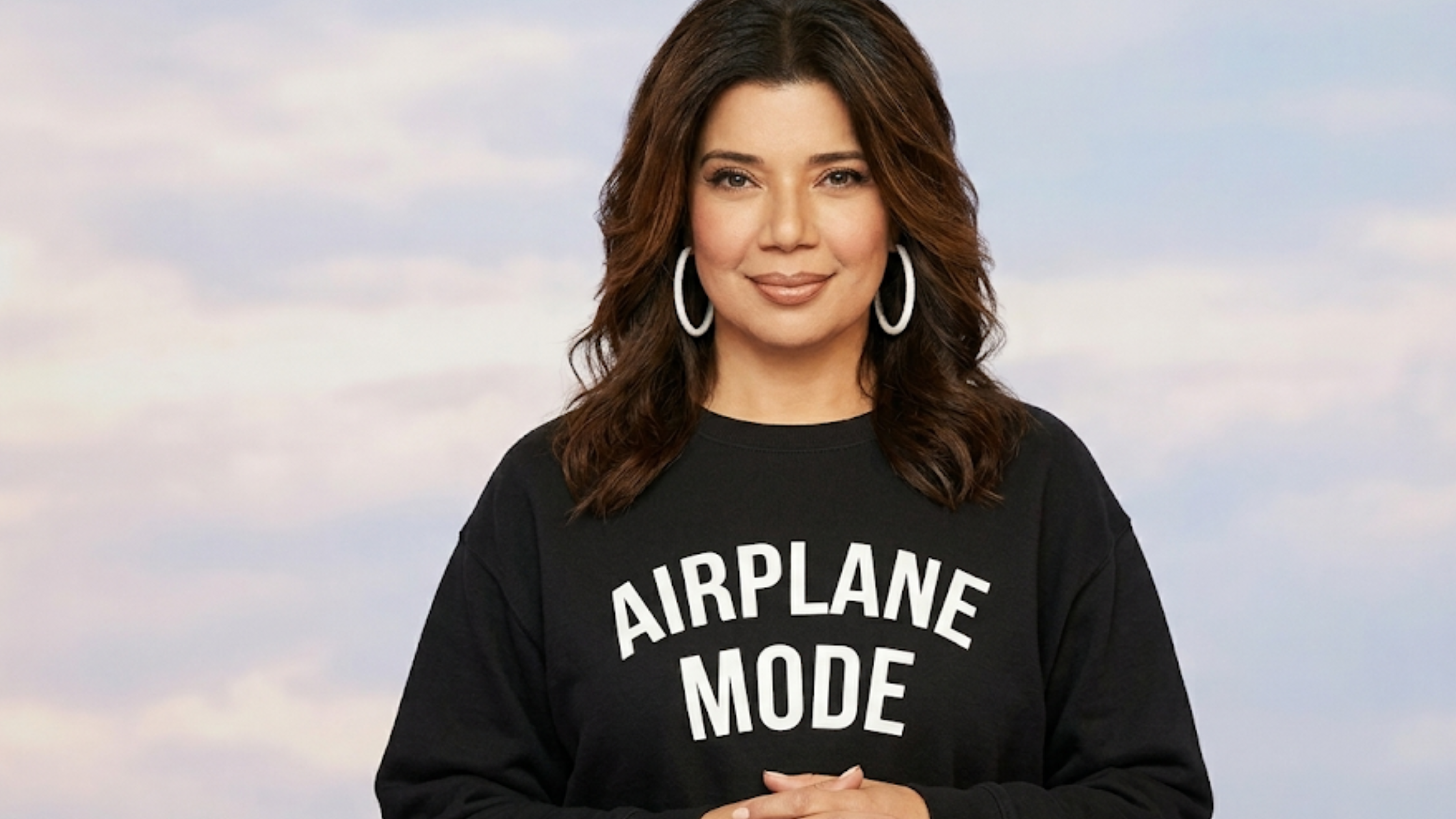 The View Ana Navarro Black Airplane Mode Sweatshirt featuring bold white "AIRPLANE MODE" typography, crewneck design, relaxed fit, and soft cotton-blend fabric.