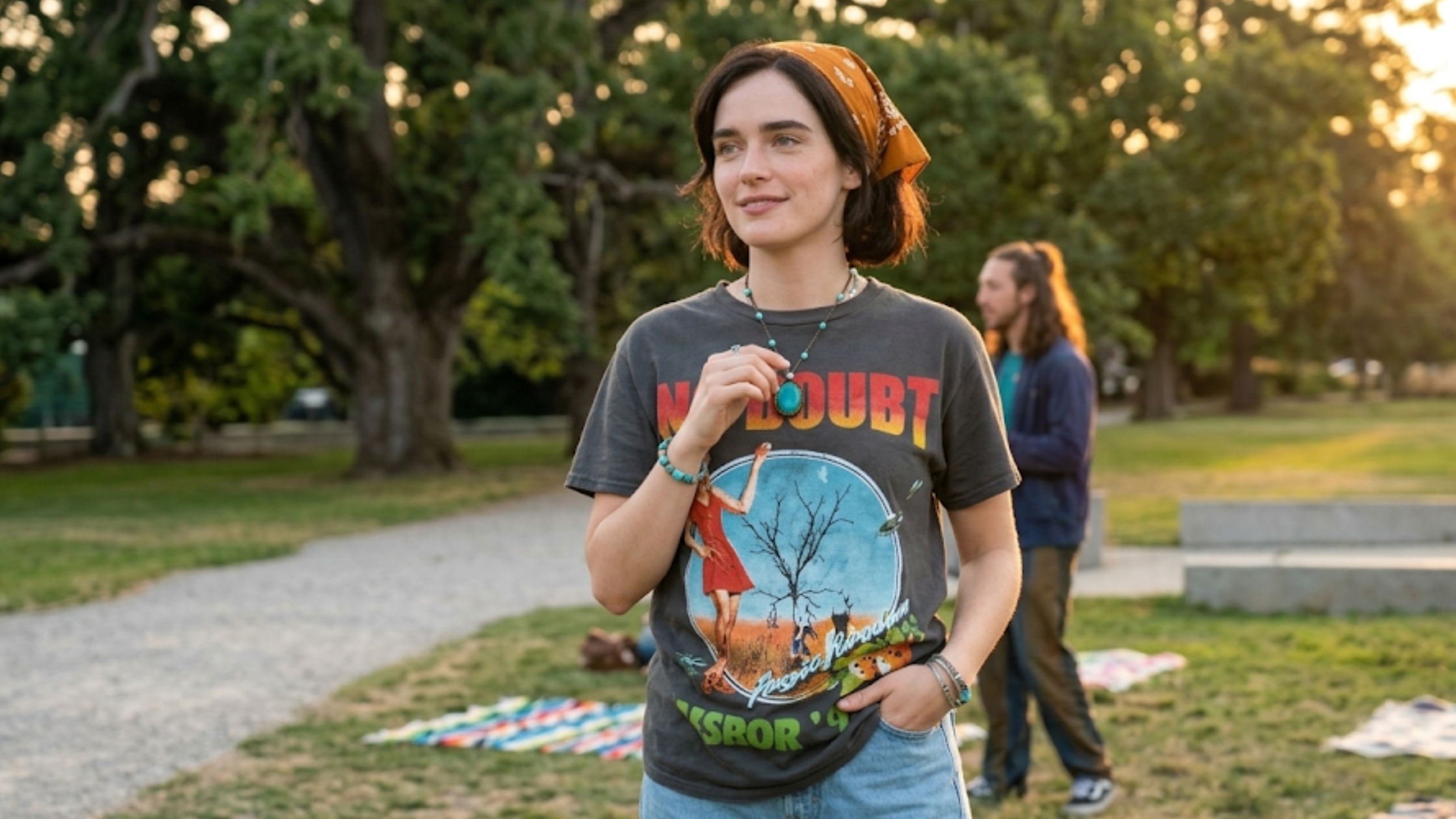 Voicemails for Isabelle Zoey Deutch black graphic T-shirt featuring vintage No Doubt-inspired artwork, retro Tour '97 print, bold colorful typography, and a washed charcoal finish.