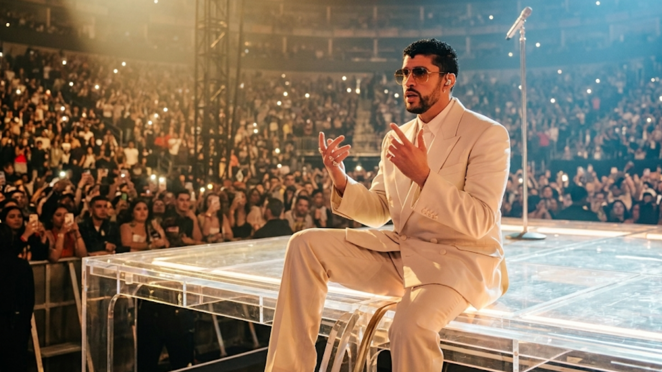 Bad Bunny Dusseldorf Concert white double-breasted blazer with wide peak lapels and oversized tailored fit