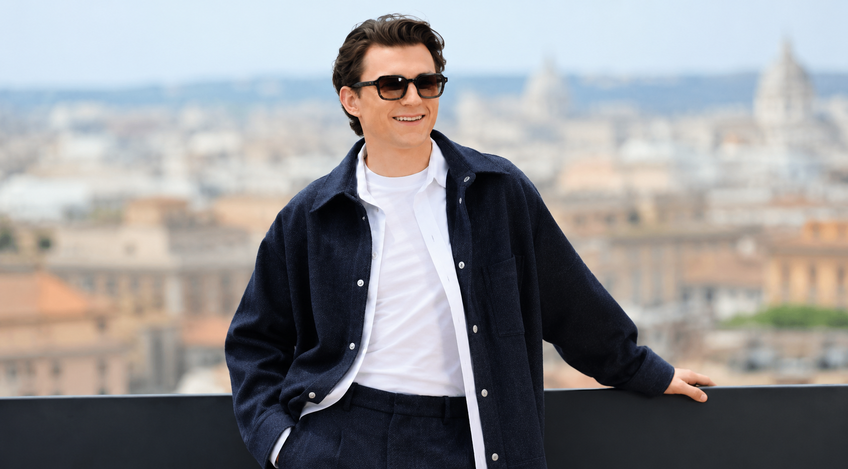 Tom Holland Spider-Man Brand New Day Rome Premiere Photocall 2026 Navy Shacket Jacket