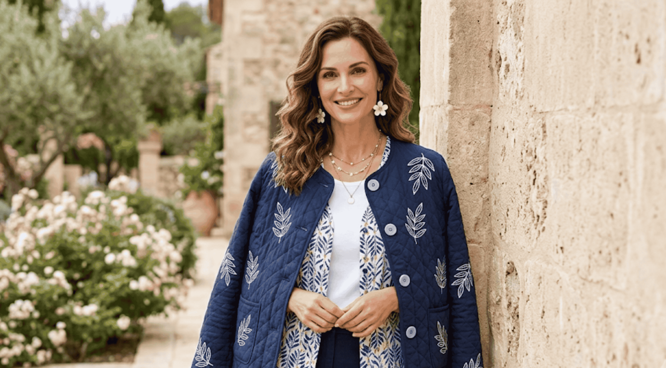 Lyndsy Fonseca wearing a navy blue quilted floral jacket with ivory botanical prints, a collarless round neckline, and puffed sleeves