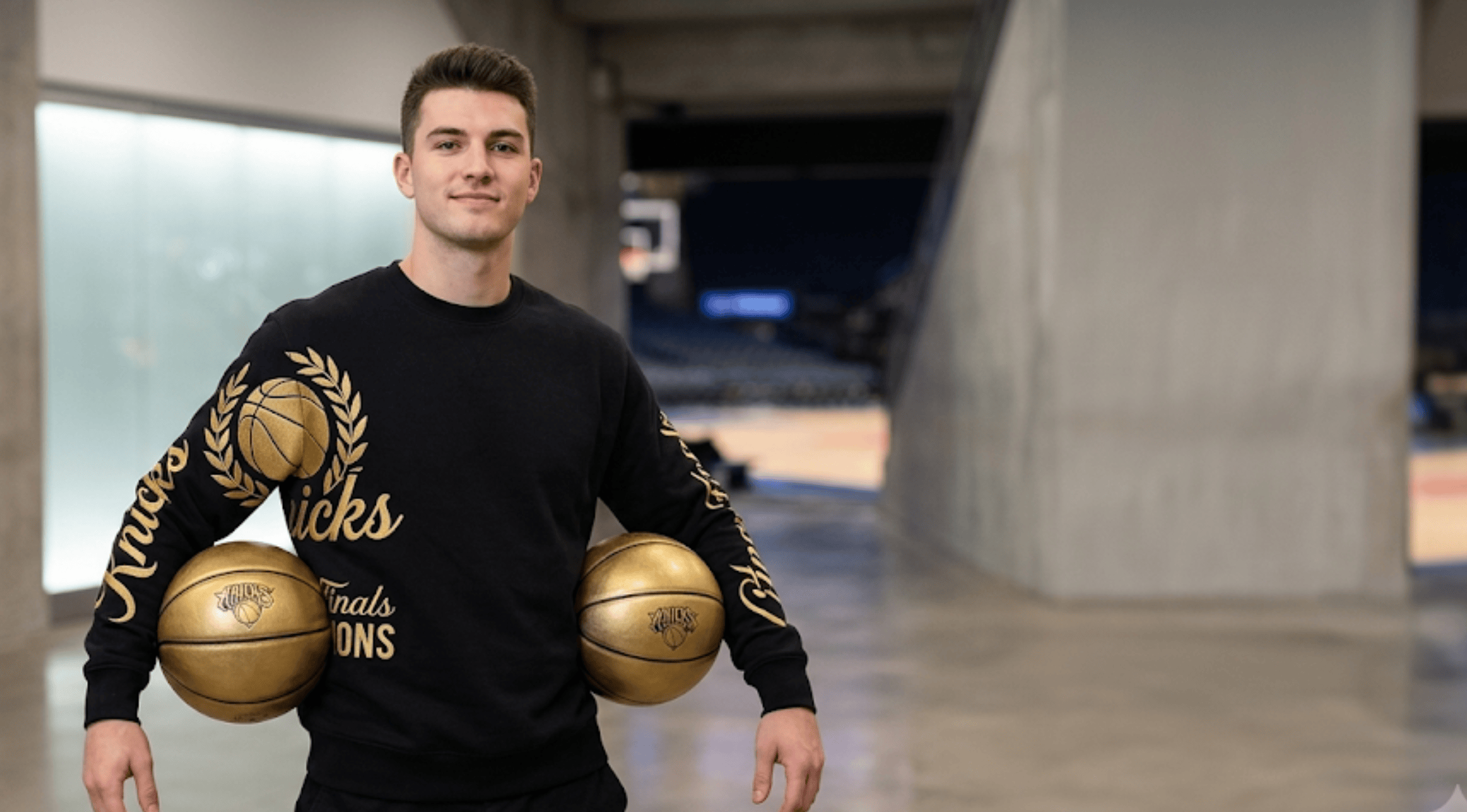 Back view of a New York Knicks Champions black sweatshirt featuring a large gold team emblem, laurel wreath, and NBA Finals Champions graphics