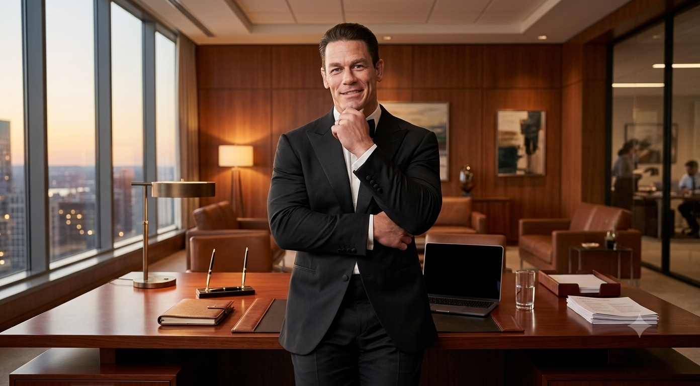 John Cena black tuxedo suit from Little Brother with satin peak lapels and tailored fit