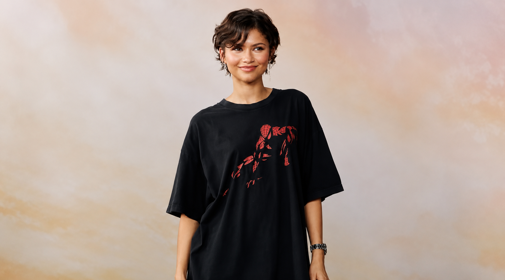 Zendaya Paris Fan Event Photocall 2026 Oversized Black Spider-Man Graphic T-Shirt