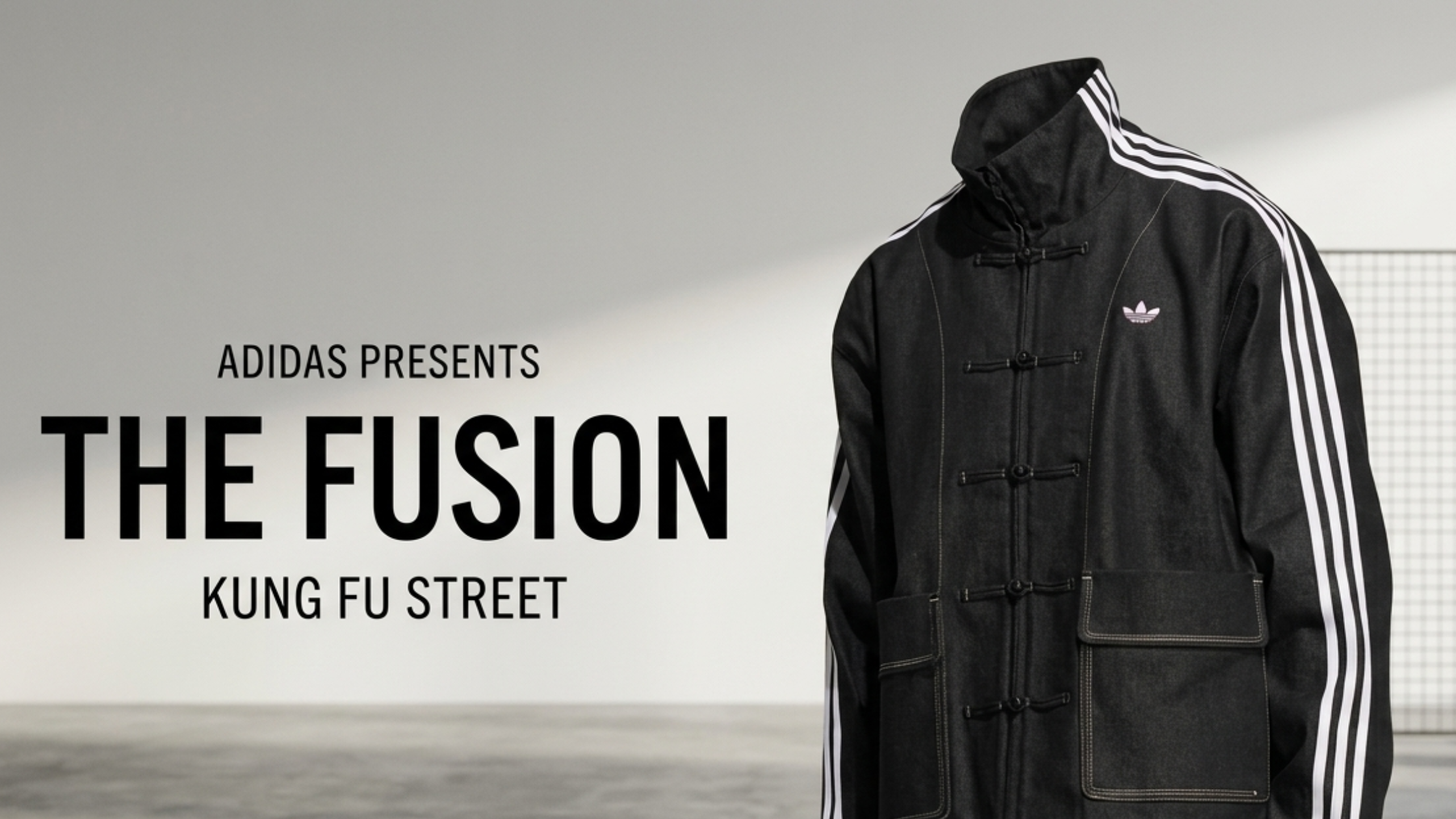 Chinese New Year Black Denim Track Jacket with Trefoil Logo, White Three Stripes and Traditional Frog Button Closure