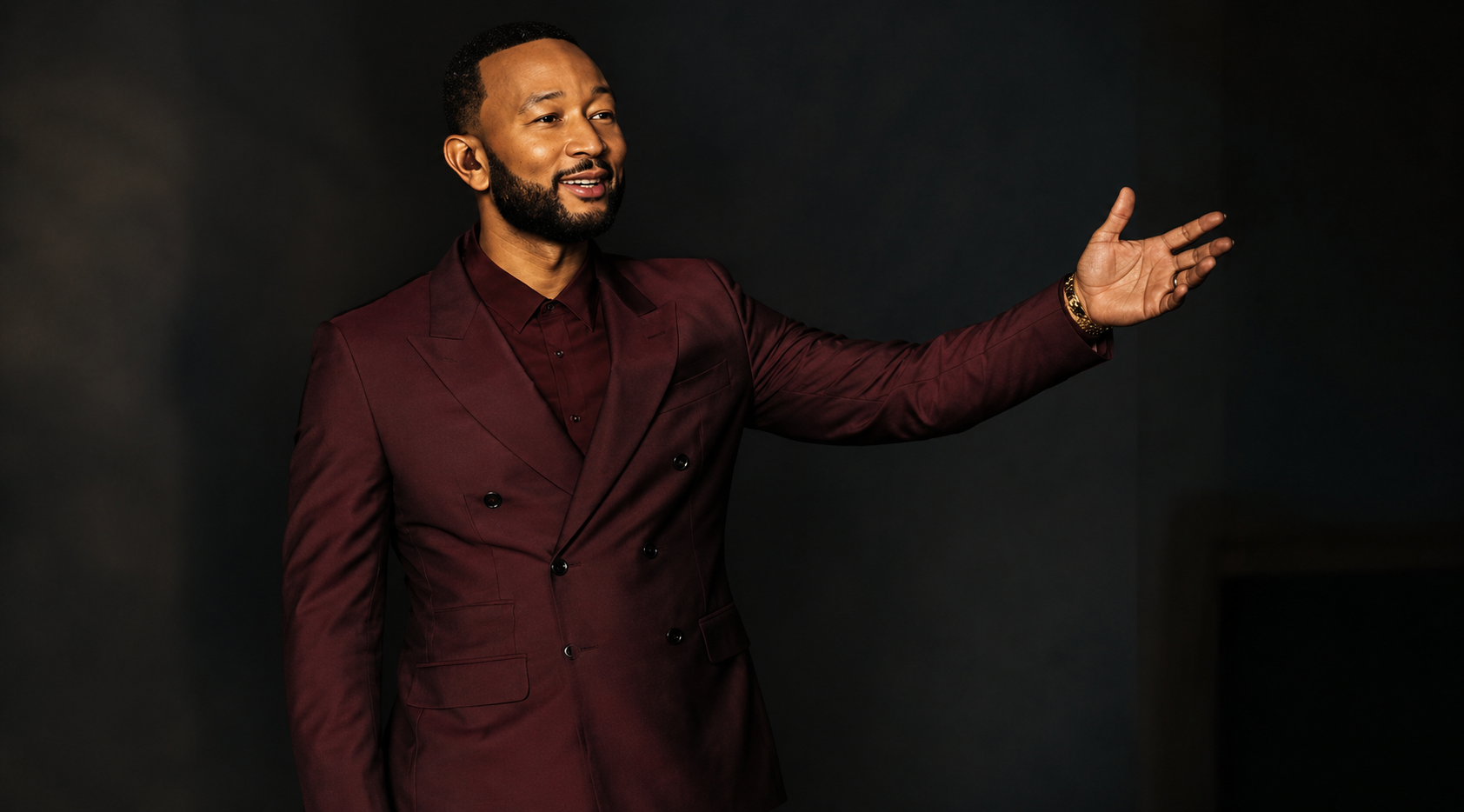 John Legend Lucca Summer Festival 2026 Burgundy Double Breasted Blazer with Peak Lapels
