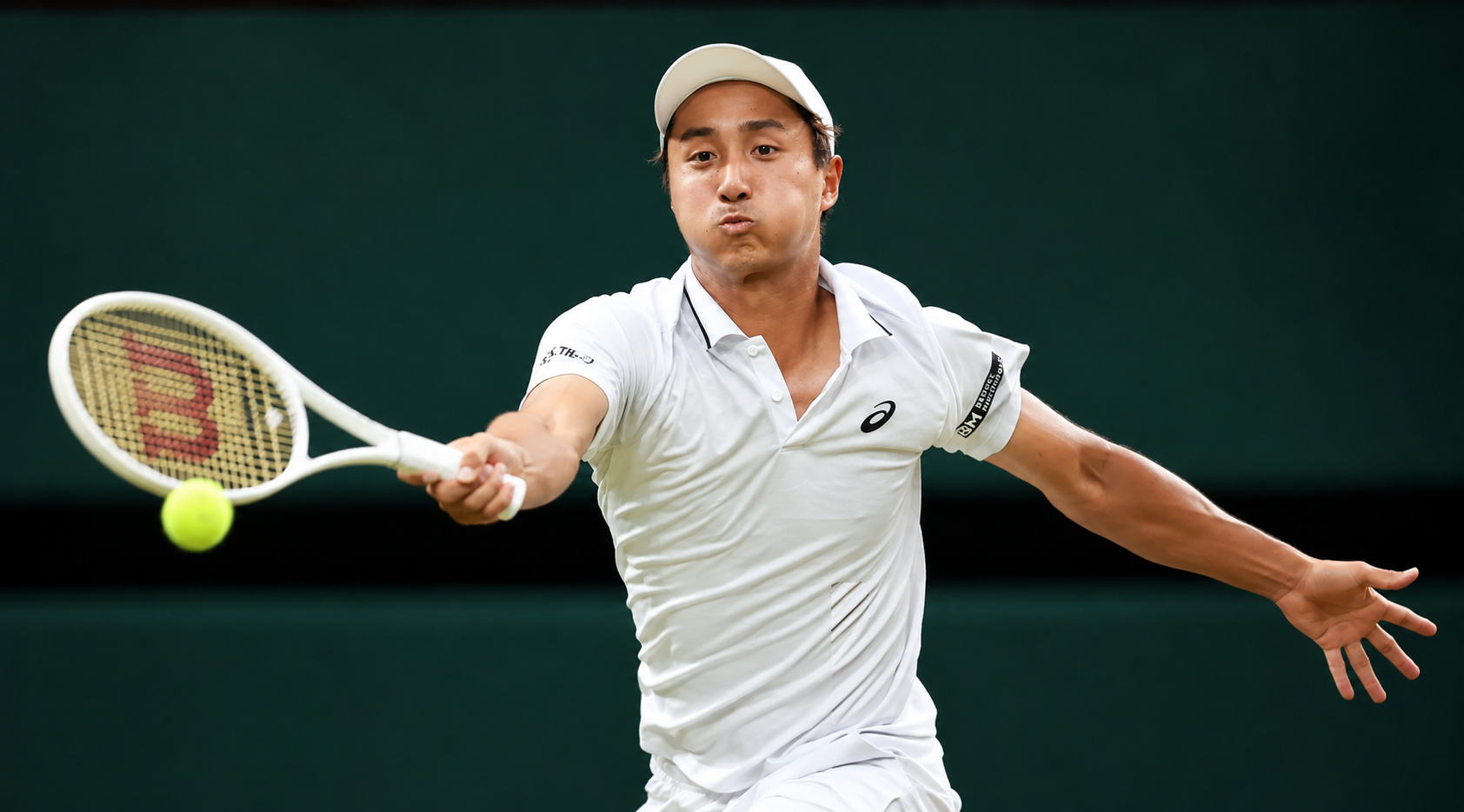 Shintaro Mochizuki Tennis Wimbledon Championships White Polo Shirt with Asics Logo and Sponsor Print