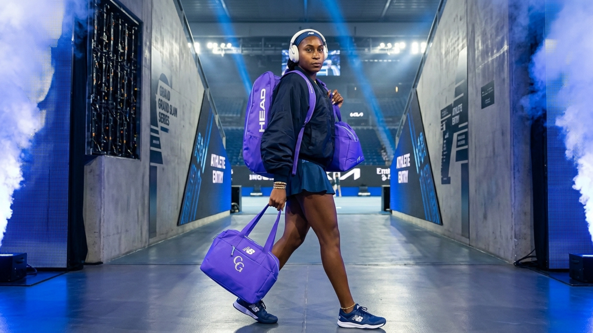 Coco Gauff 2026 US Open Jacket in dark navy with yellow collar