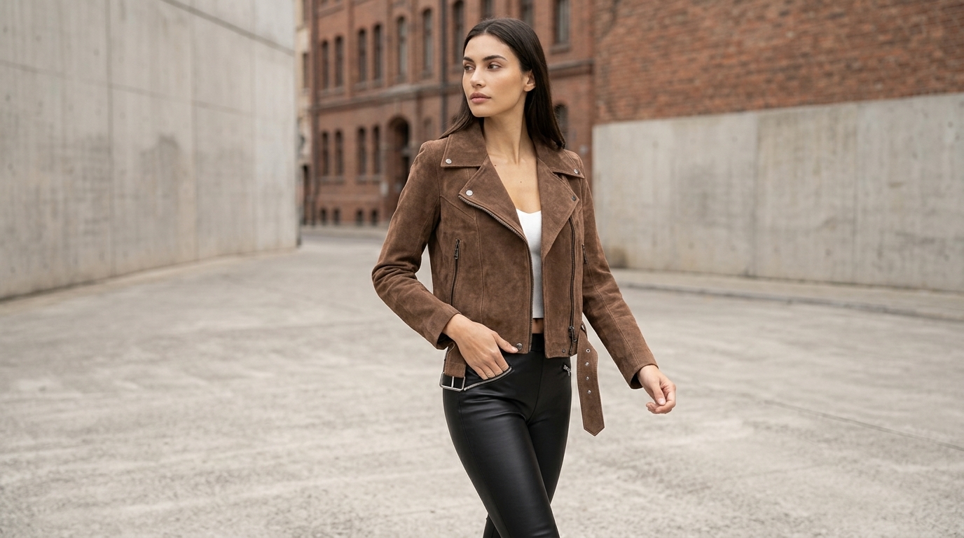 Women Brown Biker Suede Leather Jacket