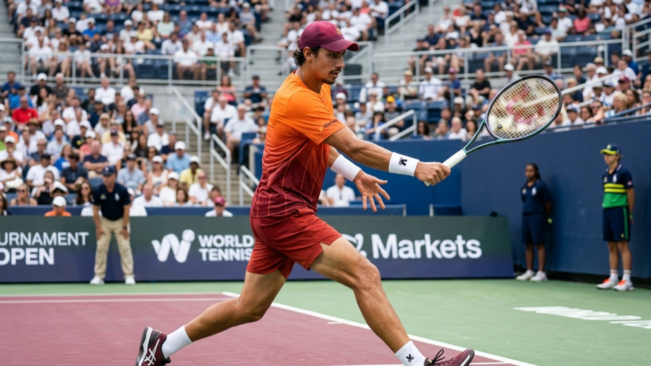 Alexei Popyrin 2026 US Open orange to burgundy gradient tennis T-shirt