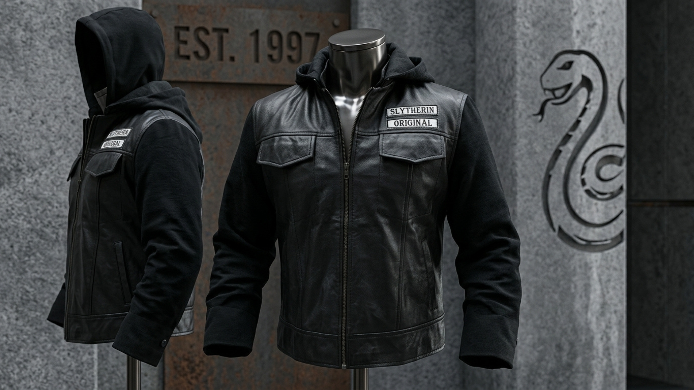 Hoodie Black Leather Jacket with Slytherin Original biker patches