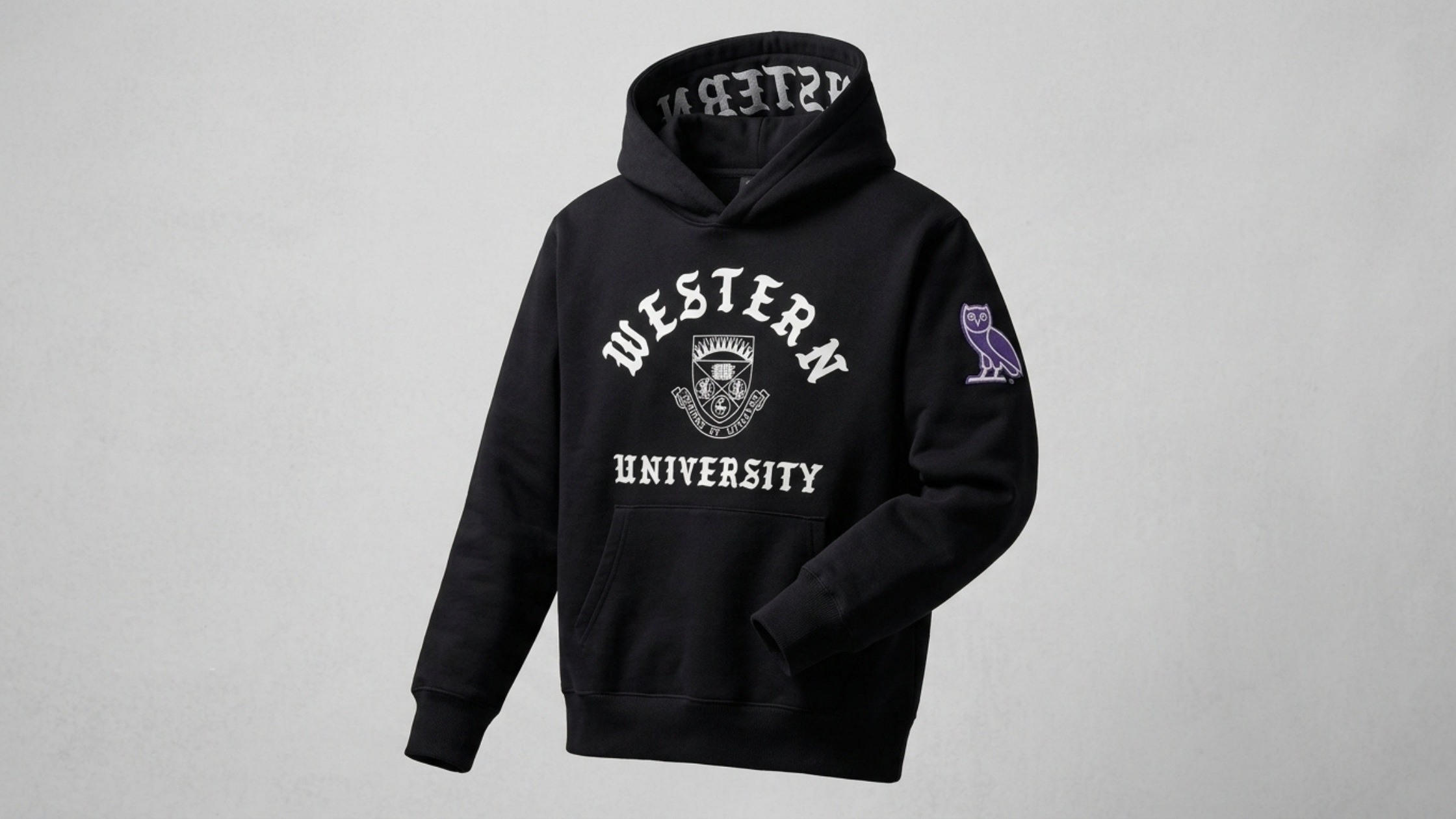 OVO Western University Black Heavyweight Hoodie with Gothic Crest and Purple Accents