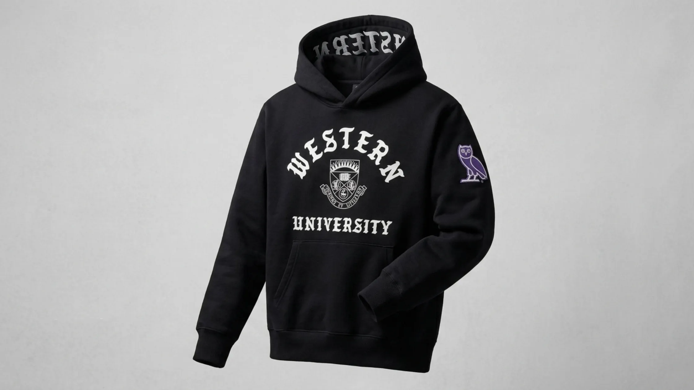 OVO Western University Black Heavyweight Hoodie with Gothic Crest and Purple Accents