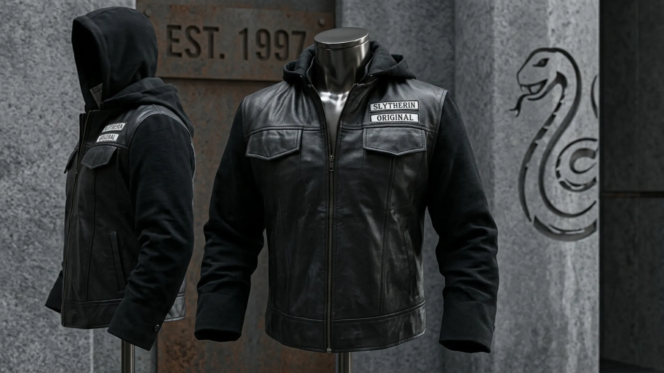 Hoodie Black Leather Jacket with Slytherin Original biker patches